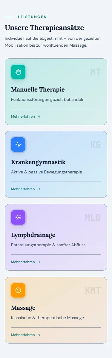 Die vier Therapieformen am Handy, untereinander gestapelt, jede mit eigener Farbe und Kürzel