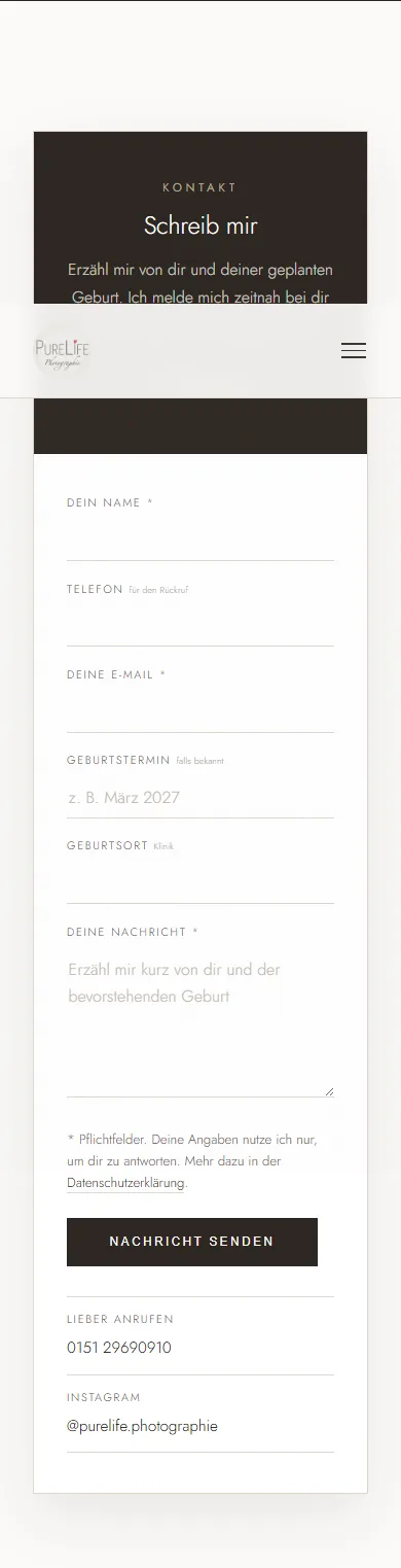 Kontaktformular am Handy bei 390 Pixeln Breite mit großen Eingabefeldern