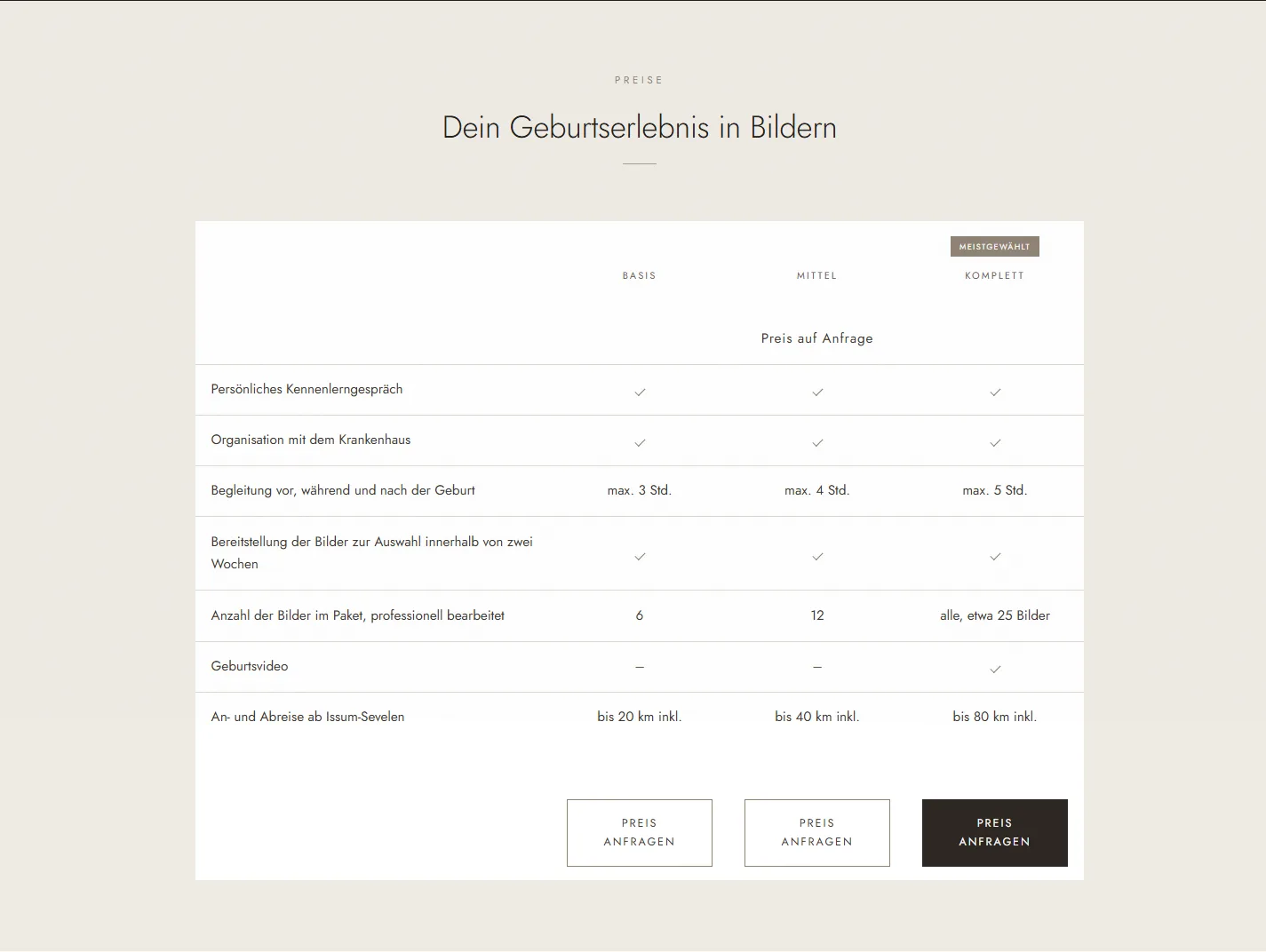 Preistabelle mit drei Paketen im Vergleich, Preis auf Anfrage