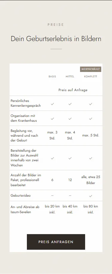 Preistabelle am Handy bei 390 Pixeln Breite, weiterhin als Tabelle dargestellt