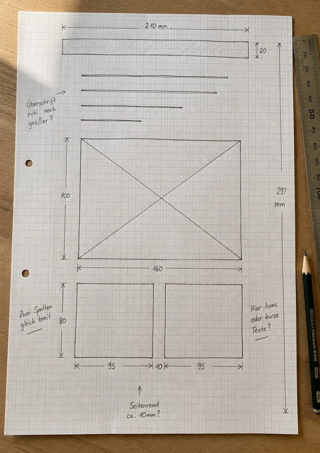 Handgezeichneter Seitenentwurf auf Karopapier: Kopfleiste, Überschriftenzeilen, ein Bildfeld mit Diagonalkreuz und zwei Spalten, mit Maßangaben in Millimetern und handschriftlichen Notizen. Daneben Lineal und Bleistift.
