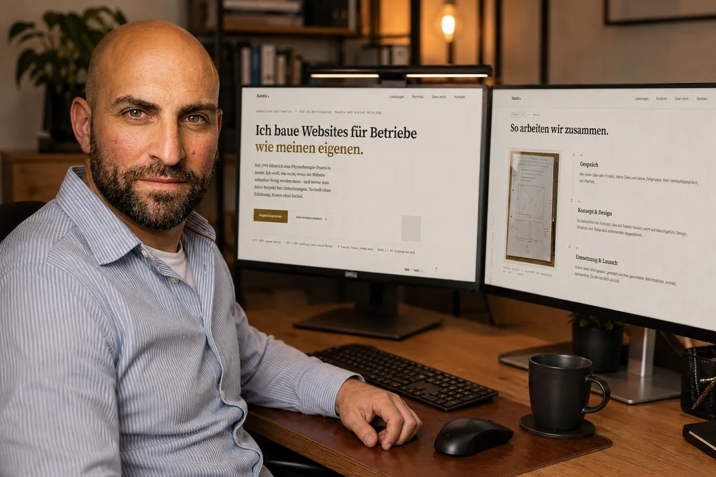 Jan Ludwig an seinem Schreibtisch in Xanten, vor zwei Bildschirmen. Links die Startseite dieser Website mit der Überschrift „Ich baue Websites für Betriebe wie meinen eigenen“, rechts der Ablauf-Abschnitt mit dem gezeichneten Entwurf.